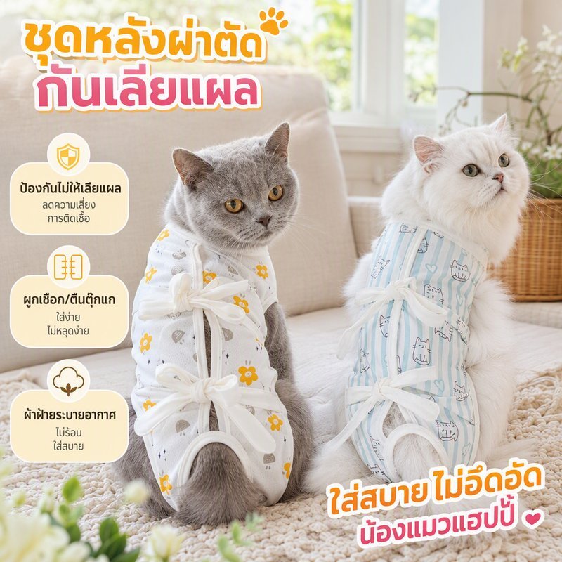 เสื้อหลังผ่าตัดแมว เสื้อกันเลียแผล ผ้าคอตตอน ตีนตุ๊กแก ระบายอากาศ ชุดทำหมันแมว