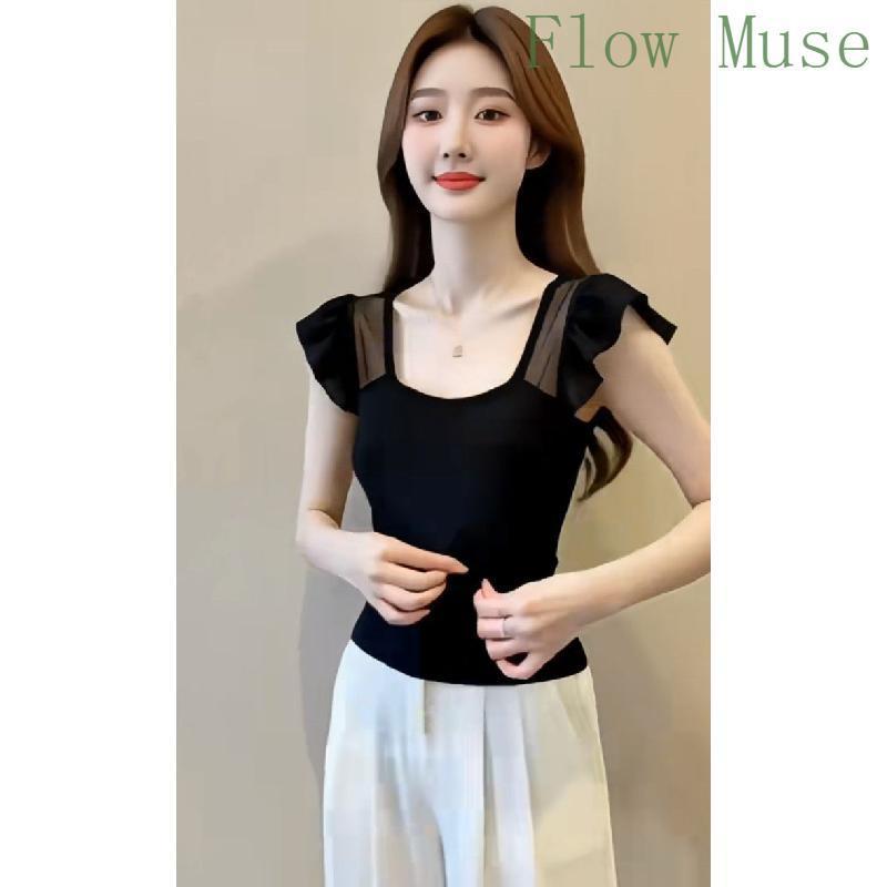 Light Mature เย็บขนาดเล็ก Flying Sleeve รอบคอเสื้อยืด High-End Slim-fit Slimmer ดู All-Match Un