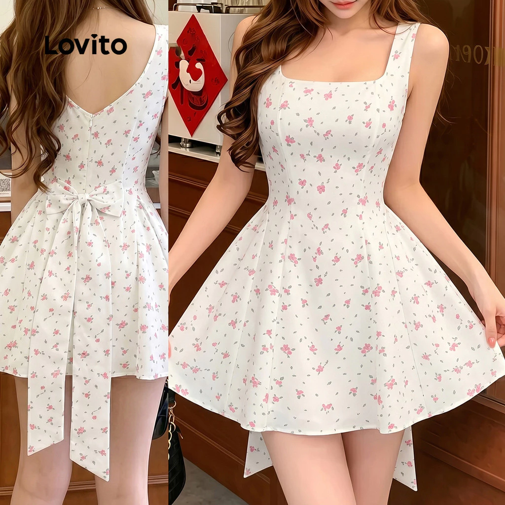 (New Arrival) Lovito ชุดเดรสผู้หญิงสไตล์ลําลองพิมพ์ลายโบว์ฤดูใบไม้ผลิ/ฤดูร้อน เกาหลี อินเทรนด์ LK7AD013