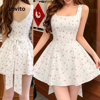(New Arrival) Lovito ชุดเดรสผู้หญิงสไตล์ลําลองพิมพ์ลายโบว์ฤดูใบไม้ผลิ/ฤดูร้อน เกาหลี อินเทรนด์ LK7AD013