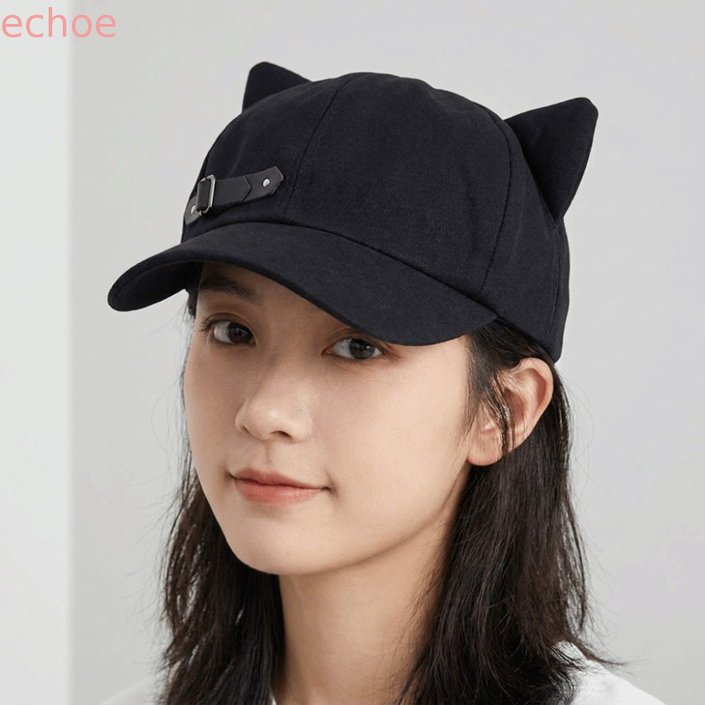 ECHOEDGE Newsboy Cap, Harajuku Black Cat Ears Beret, Casual Love Heart Buckle Y2K Gothic แปดเหลี่ยมห