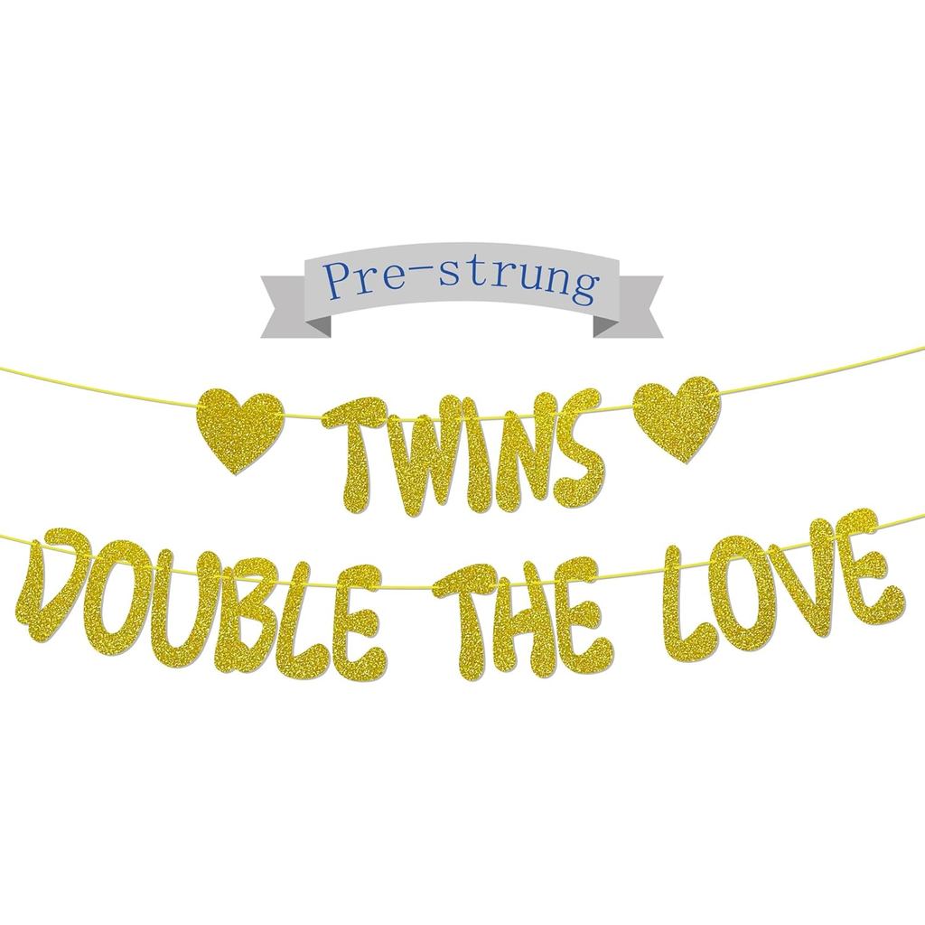Twins Double The Love Gold Glitter Banner, NO-DIY,Twins Baby Shower/Twins Birthday Party Decorative