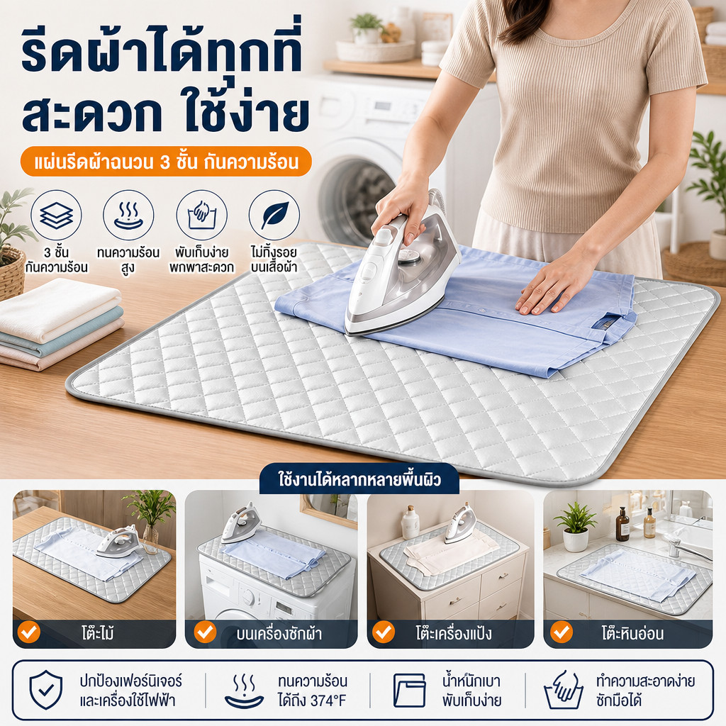 แผ่นรองรีดผ้า 3 ชั้น ขนาด 48×85 ซม. พับได้ พกได้ ใช้งานแทนโต๊ะรีดในคอนโด