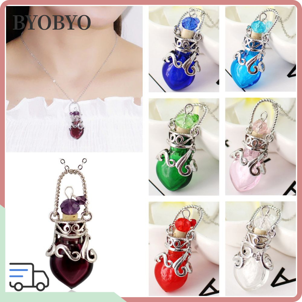 BYOBYO Wishing Bottle Pendant,หลากสีปรับโซ่น้ําหอมVialสร้อยคอ,แก้วสร้างสรรค์Vialรูปหัวใจเปิดขวดน้ําห