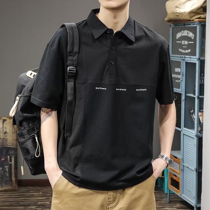 High-End Feeling เสื้อโปโลแขนสั้นผู้ชายหลวมเย็บ Street สวมใส่ Plus ขนาดหล่อเสื้อยืดปกเยาวชนวัยกลางคน