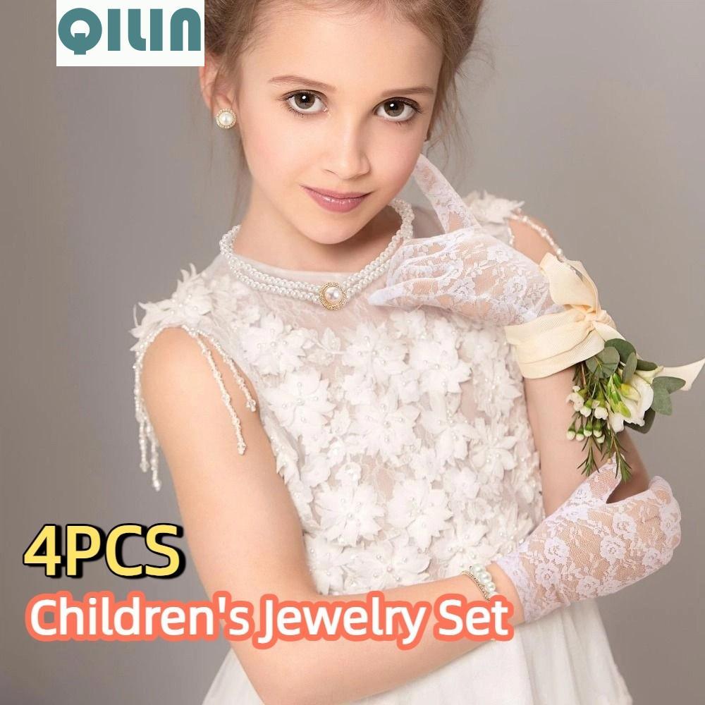 QILIN ชุดเครื่องประดับมุกเด็ก, ชุดสร้อยคอมุกโซ่กระดูกไหปลาร้าสองชั้นอินเทรนด์, ถุงมือตาข่ายสไตล์ฝรั่