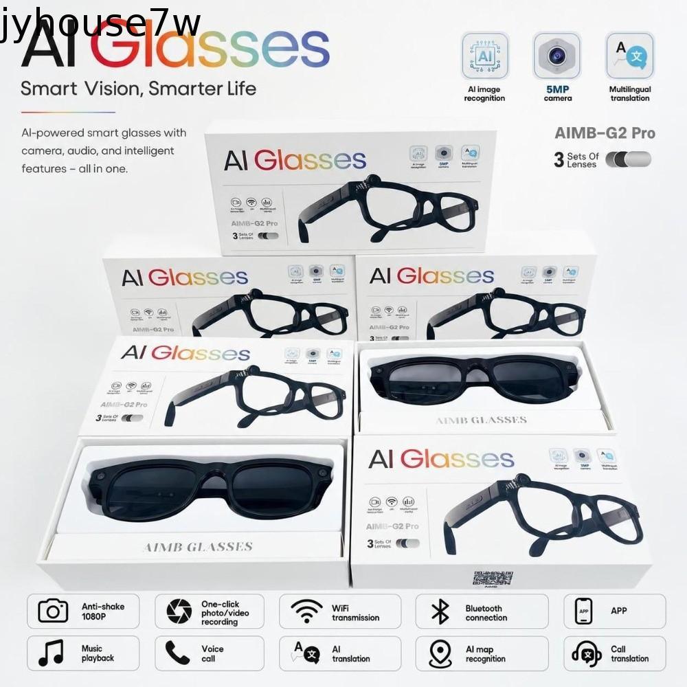 JYHOUSE AI แว่นตาอัจฉริยะ, 2 in 1 การแปลแบบเรียลไทม์สมาร์ท AI แว่นตา, แฮนด์ฟรี HD Photo Video Voice 
