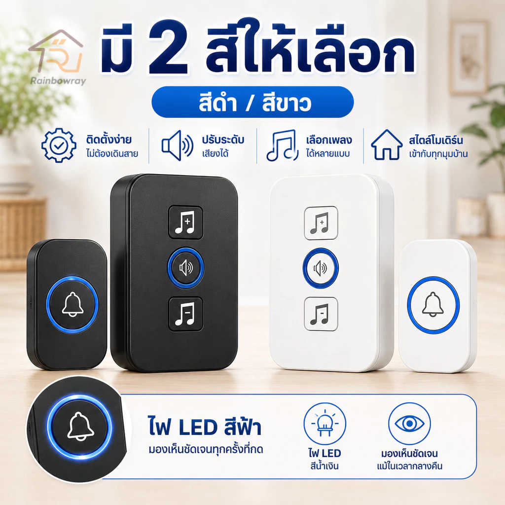 กริ่งประตูไร้สาย กริ่งไร้สาย ออดไร้สายปรับ 180M ริงโทน 61เสียง คุณภาพเสียงคมชัดติดตั้งง่าย