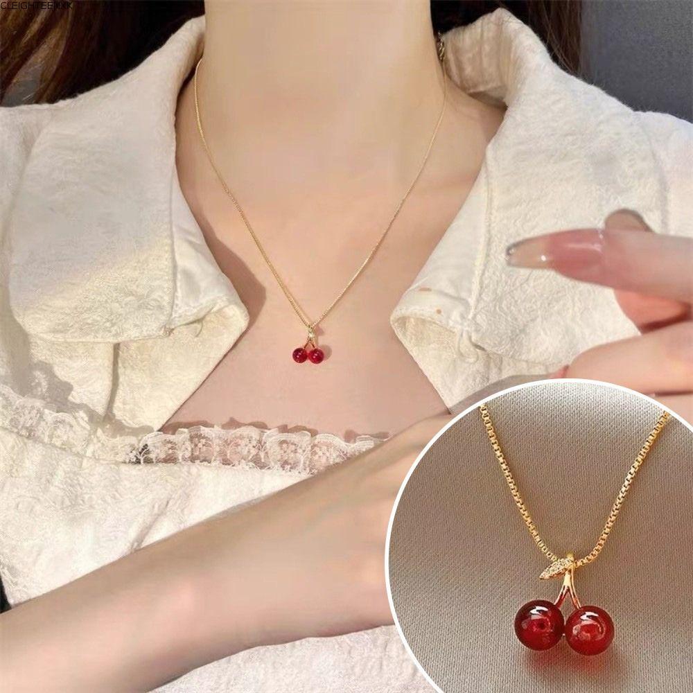 CLEIGHTEEN8H สร้อยคอโซ่ผลไม้, อุปกรณ์ Jewery สร้อยคอจี้เชอร์รี่โซ่สีทอง, สร้อยคอเชอร์รี่สีแดง Jewery