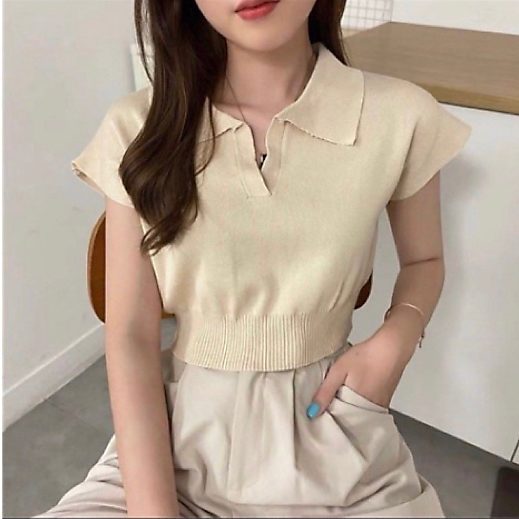 [SG INSTOCKS] เกาหลี Athleisure Polo Collar Sleeve คอวีถักแขนเสื้อ