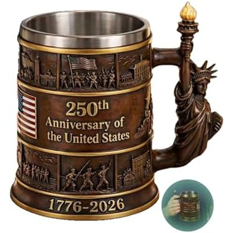 (1776-2026 USA 250th Anniversary Mug,รูปปั้น 3D Of Libertys Coffee Mug,สแตนเลสด้านใน,Patrios Gift Fo