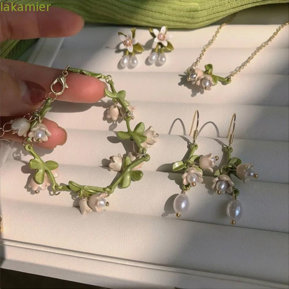LAKAMMY Orchids Bracelet, White Green Lily of The Valley Jewelry Set, Tassel Pearl Lily of The Valle