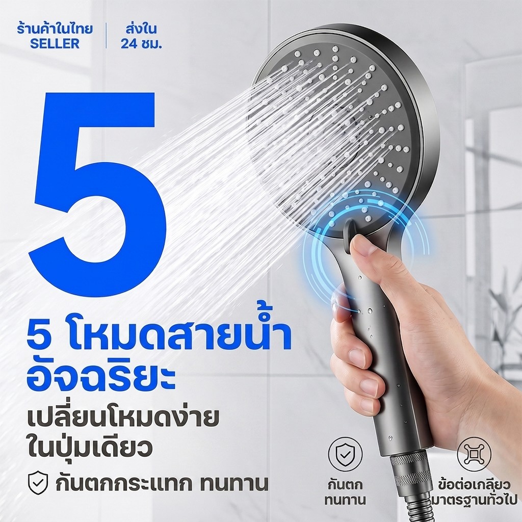 ฝักบัวแรงดันสูงพร้อมโหมดสายน้ำ 5 รูปแบบ ดีไซน์ประหยัดน้ำ หน้าฝักบัวกว้าง 120 มม. ป้องกันการอุดตัน และติดตั้งง่าย