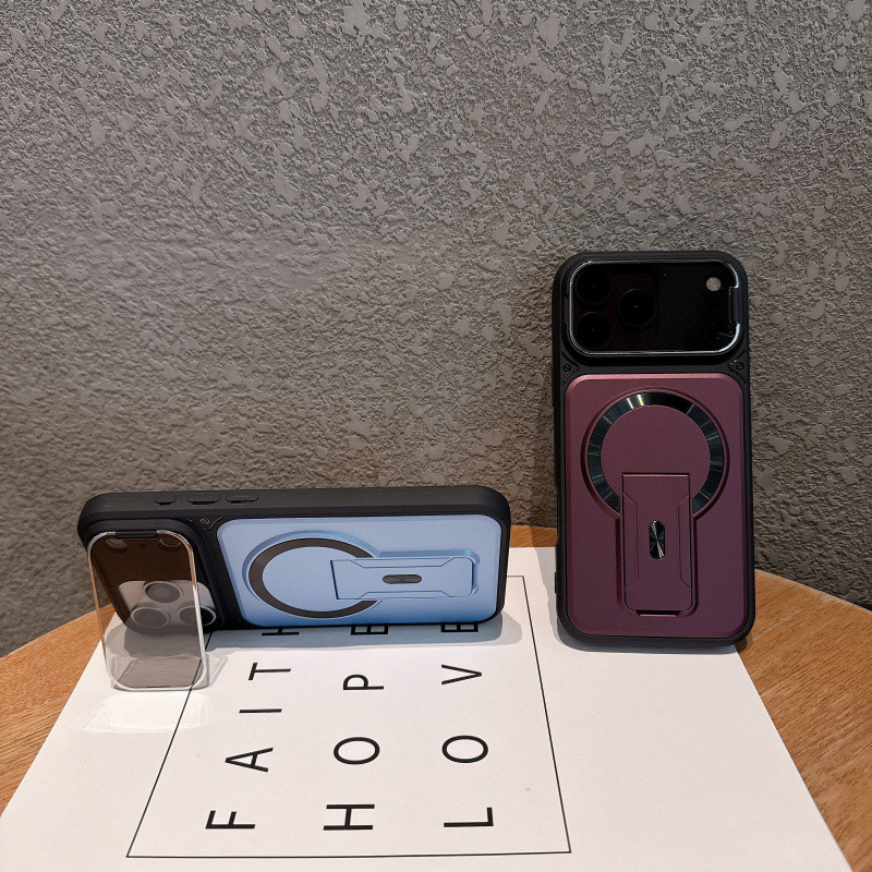 เคสโทรศัพท์แม่เหล็กสําหรับiPhone 18 17 16 15 14 13 Pro Maxพร้อมขาตั้งแบบพับได้ฝาครอบเลนส์P Hard PC Soft TPUกันกระแทกAnti-Fingerprintชาร์จไร้สายปลอกป้องกัน