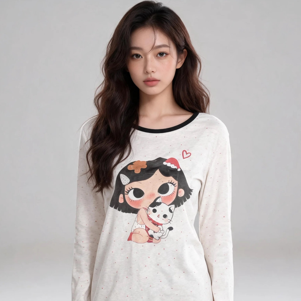 เสื้อยืดแขนยาวพิมพ์ลายแมวทรงหลวมสไตล์เกาหลีผู้หญิงทรงสลิม