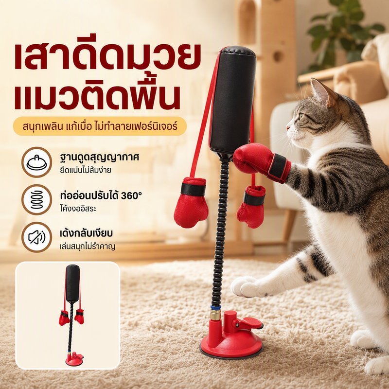 ของเล่นชกมวยแมว ฐานดูดสุญญากาศ ท่ออ่อนปรับได้ 360 เด้งกลับเงียบ ของเล่นล่อแมว โต้ตอบ