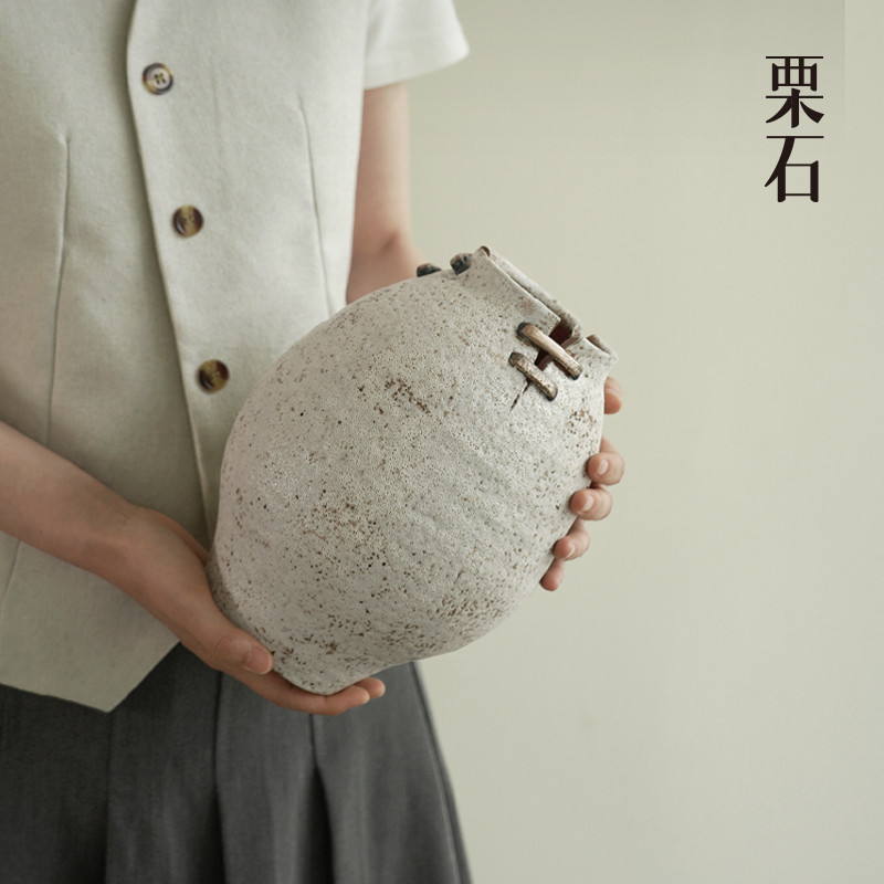 หินเกาลัด [Suyin] สไตล์จีน Retro Distressed Repair แจกันเซรามิกเครื่องประดับเงียบศิลปะโบราณดอกไม้แห้