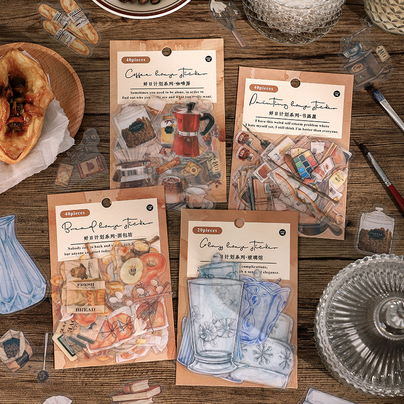 Junk journal PET Sticker Pack Distressed Retro Art Handbook วัสดุสติ๊กเกอร์ตกแต่ง Gourmet Coffee