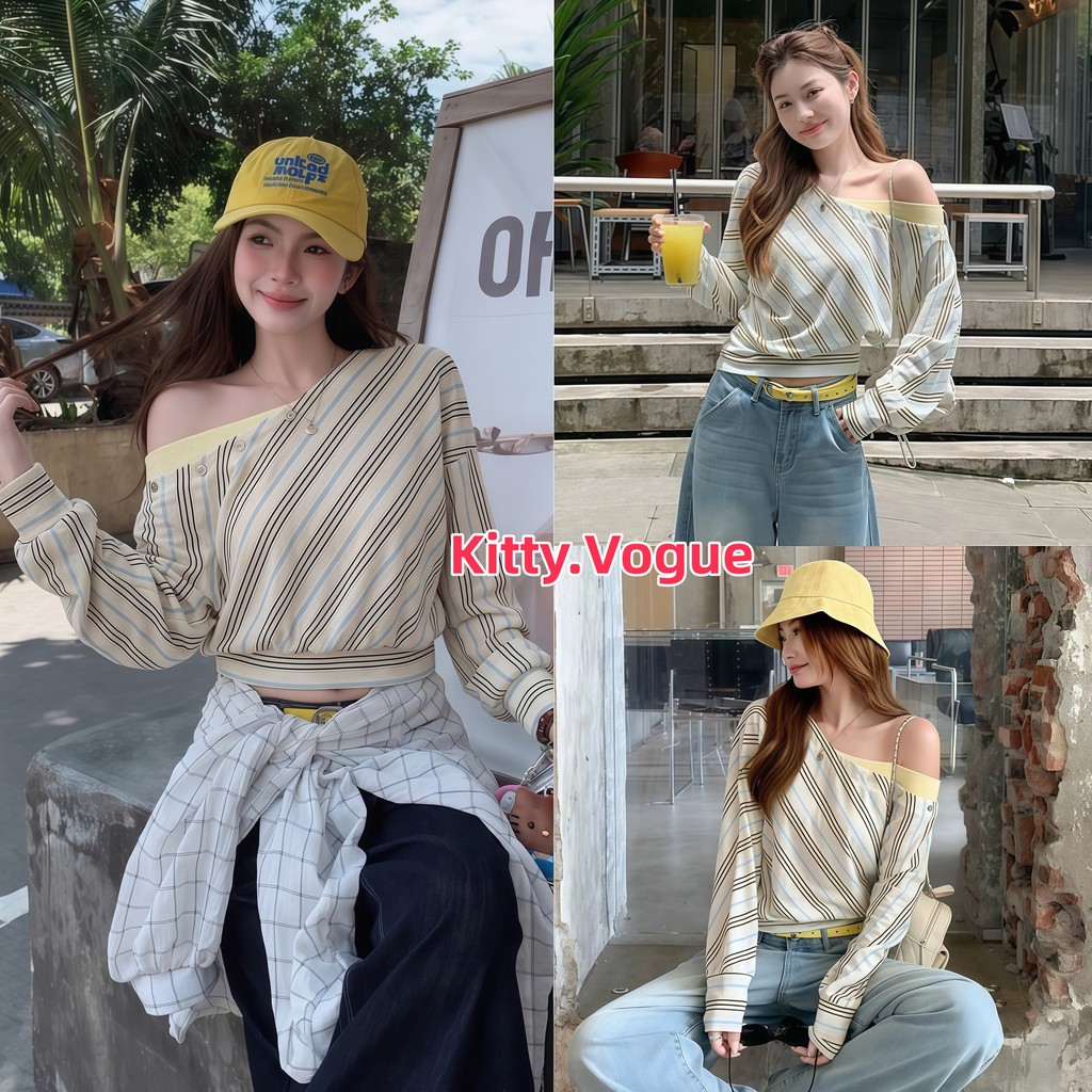 Kitty.Vogue เสื้อครอปไหล่ลาด ลายทาง แขนยาว ผ้านุ่ม สไตล์เกาหลี เสื้อท็อปเปิดไหล่ แฟชั่นผู้หญิง A2540