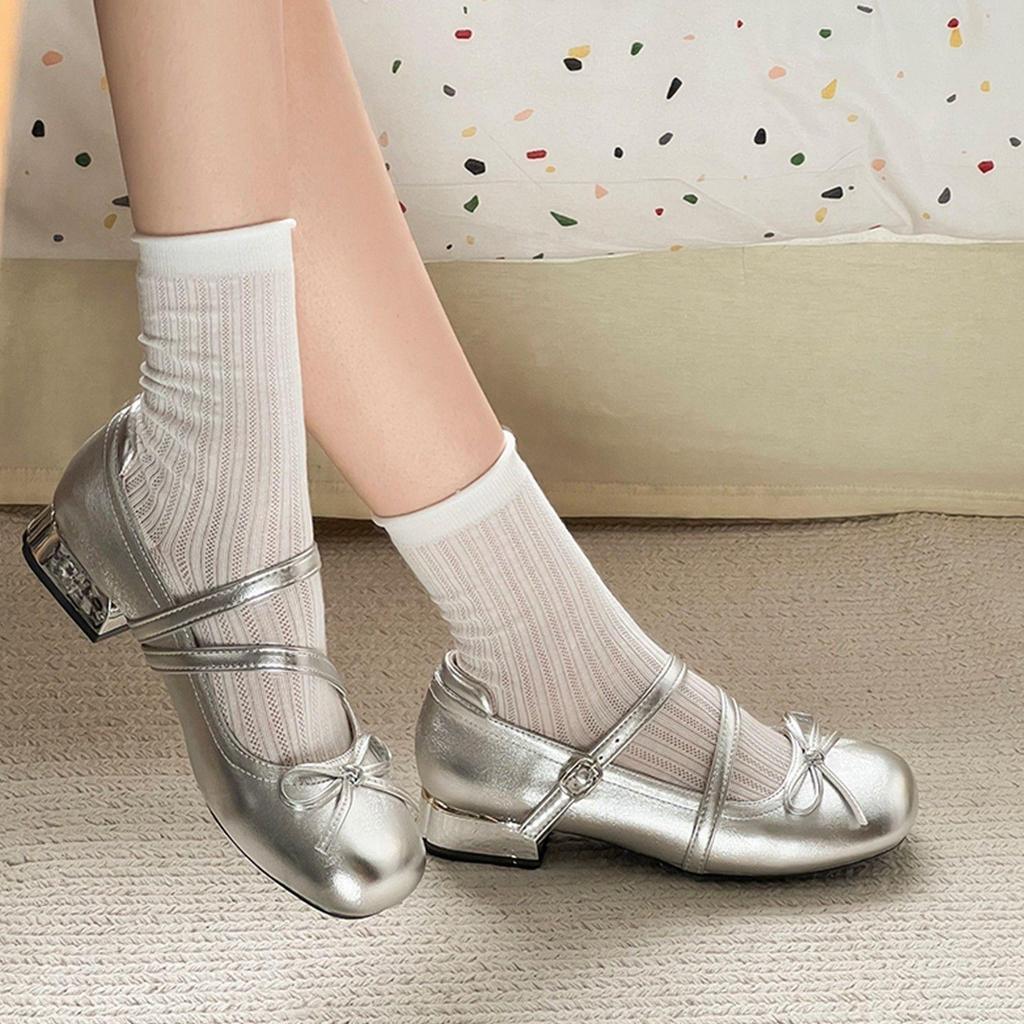 Silver Mary Jane Shoes French Thick Heel Low Heel Matching Skirt High Heel Small Leather Shoes [Fast