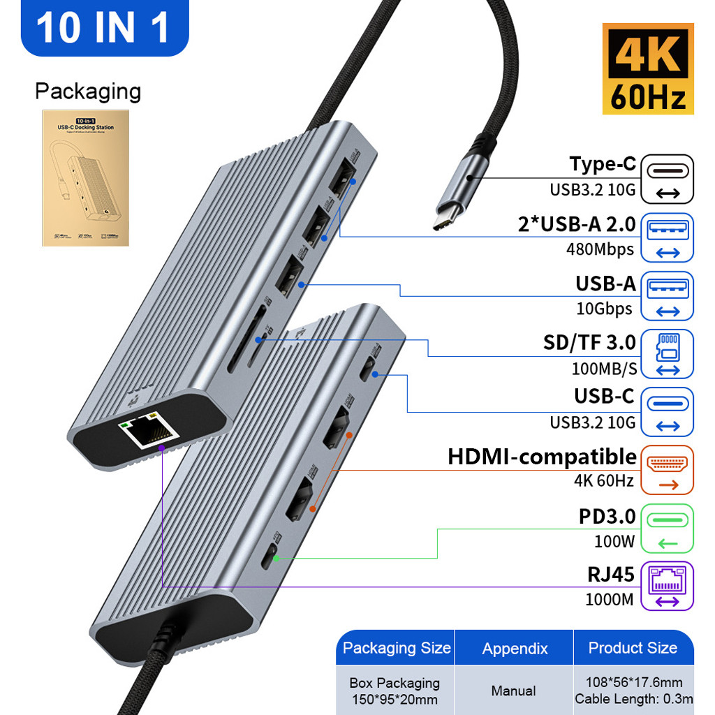 XT-XINTE 10 in 1 Type-C Docking Station Dual HDMI 4K 60Hz สามหน้าจอ Differential Display Docking Sta