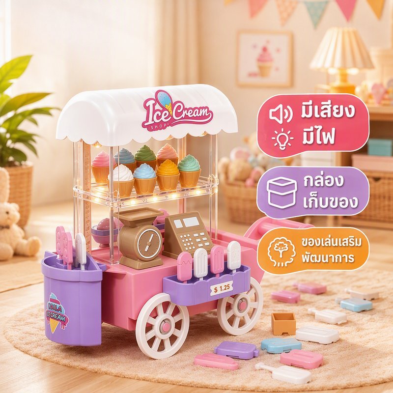 ของเล่น รถขายไอศกรีม รถเข็นขายของจำลอง มีเสียง มีไฟ ชุดบทบาทสมมติ พร้อมกล่องเก็บของ เด็ก