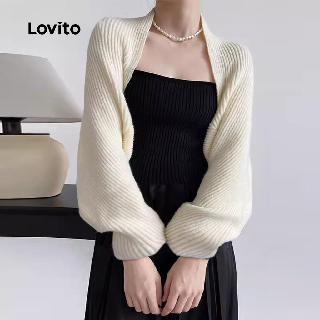 Lovito แคชชวล เสื้อคาร์ดิแกนเสื้อคาร์ดิแกนสีพื้นสําหรับผู้หญิง LNE37018 (สีกากี/แอปริคอท/ดํา)