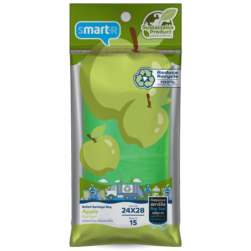 สมาร์ทเตอร์ถุงขยะแบบม้วนกลิ่นแอปเปิ้ล 24X28นิ้ว 15ใบ Smarter Garbage Bags Apple 24X28inches 15pcs. [8853474039944 ]
