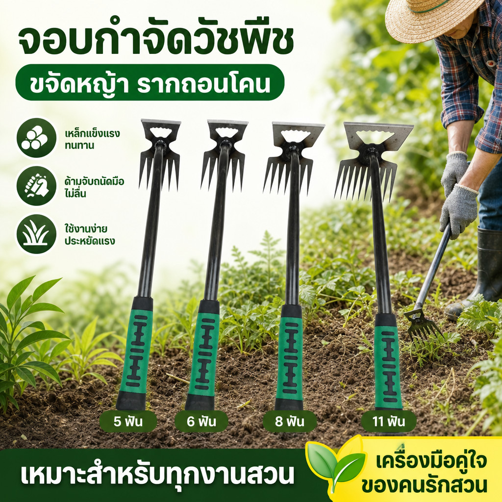 คราดเหล็กทำสวน มีจอบ ฟันถากหญ้า 5/6/8/11มุม เหล็กแข็ง คลายดิน ถอนหญ้า เครื่องมือเกษตร