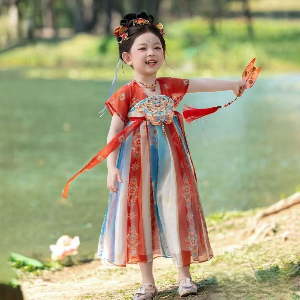 [คลังสินค้าพร้อม] สาว ฮันฟู เสื้อผ้าฤดูร้อนเด็กสไตล์จีนชุดเจ้าหญิงเด็กหญิงบางสไตล์ประสิทธิภาพกระโปรงขนาด 100-140