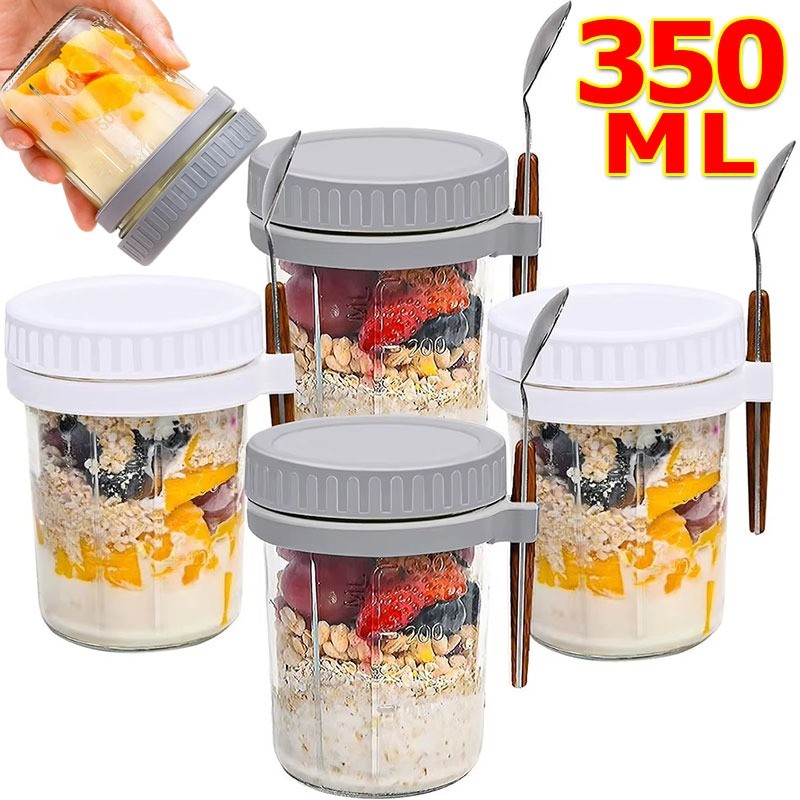 350ML โหลแก้วสำหรับทำ Overnight Oats พร้อมฝาปิดและช้อน / แก้วใสสำหรับใส่อาหารเช้าพร้อมฝาปิด