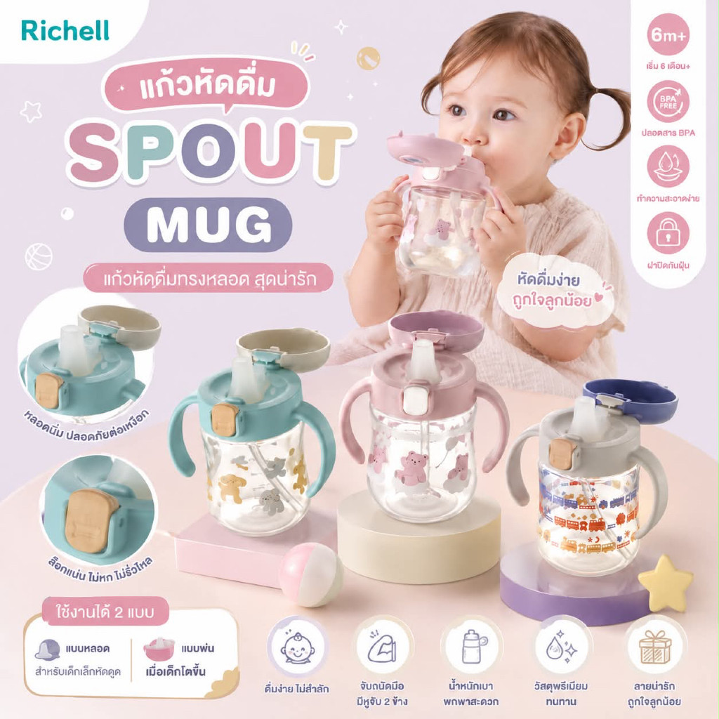 (ส่งด่วน ไม่มีวันหยุด) Richell(ริเชล) แก้วหัดดื่มกันสำลัก รุ่น TLI สเต็ป 1 ขนาด 200มล. หลอดกันสำลัก นอนดูดได้