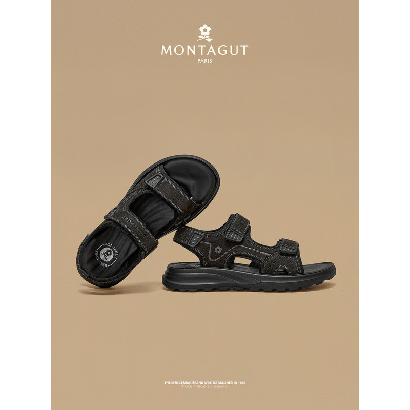 รองเท้าแตะหนังแท้สำหรับผู้ชาย Montagut รองเท้าแตะชายหาดพื้นนุ่มกันลื่นแบบติดแถบเวลโคร รองเท้าลำลองสำ