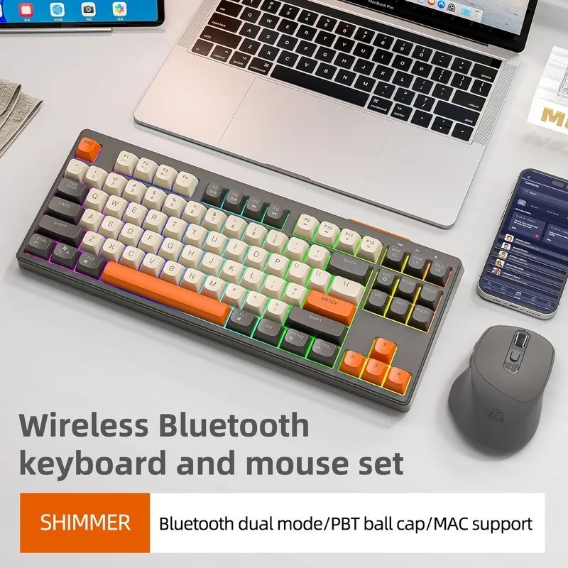M87 ชุดคีย์บอร์ดและเมาส์ไร้สาย 87 คีย์, บลูทูธ 5.0 2.4G, PBT, ชาร์จใหม่ได้