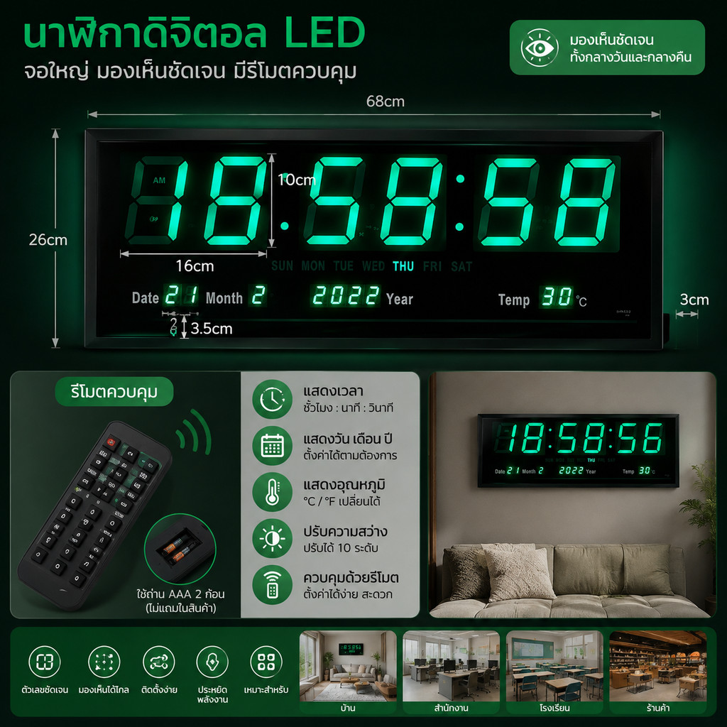 นาฬิกาดิจิตอล แถมอะแดปเตอร์(JH6826) 68.5x26x3cm นาฬิกา ตั้งโต๊ะ LED DIGITAL CLOCK นาฬิกาแขวน นาฬิกาต