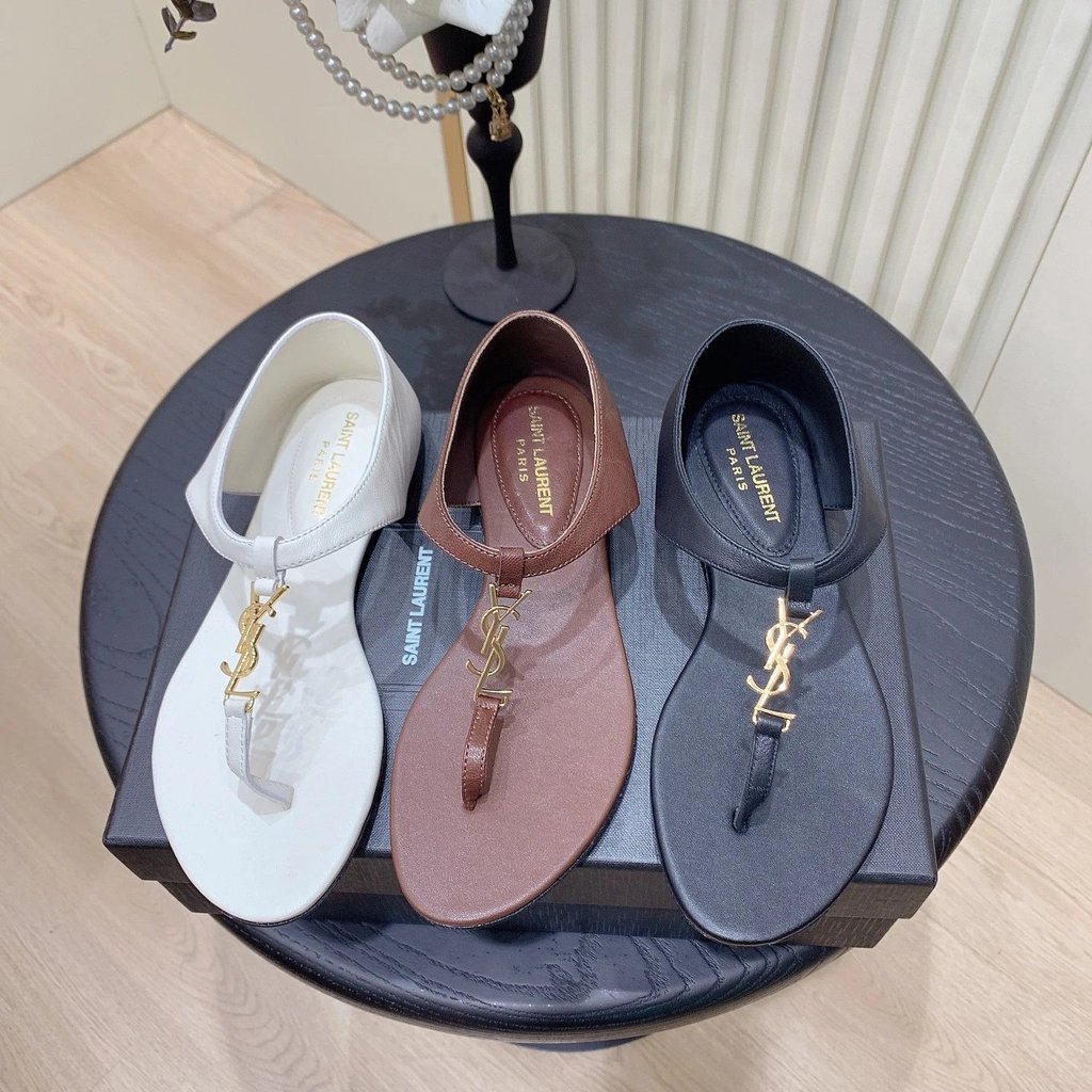Saint Laurent 2025 สินค้าใหม่รองเท้าแตะ Flip-Toe Amazing Saint Laurent โลโก้แบนรองเท้าส้นสูงผู้หญิง 