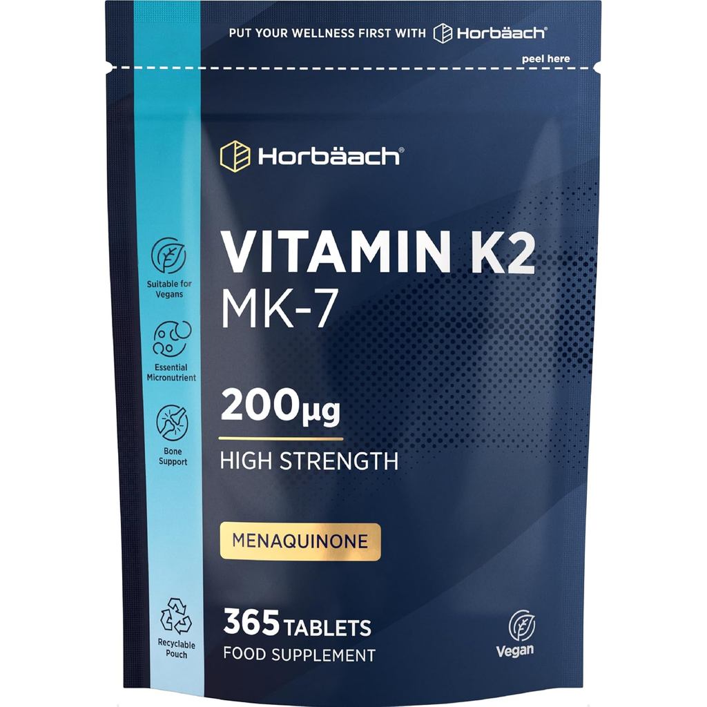 วิตามิน K2 MK7 200ug | เม็ดความแข็งแรงสูง 365 เม็ด | Menaquinone MK-7 | เหมาะสําหรับมังสวิรัติและมัง