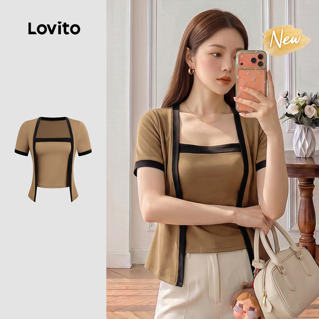 (New Arrival) Lovito เสื้อยืดผู้หญิงสีน้ําตาลปลอม 2 in 1 เย็บคอปกสีตัดกัน สไตล์เรียบหรู เหมาะสําหรับ