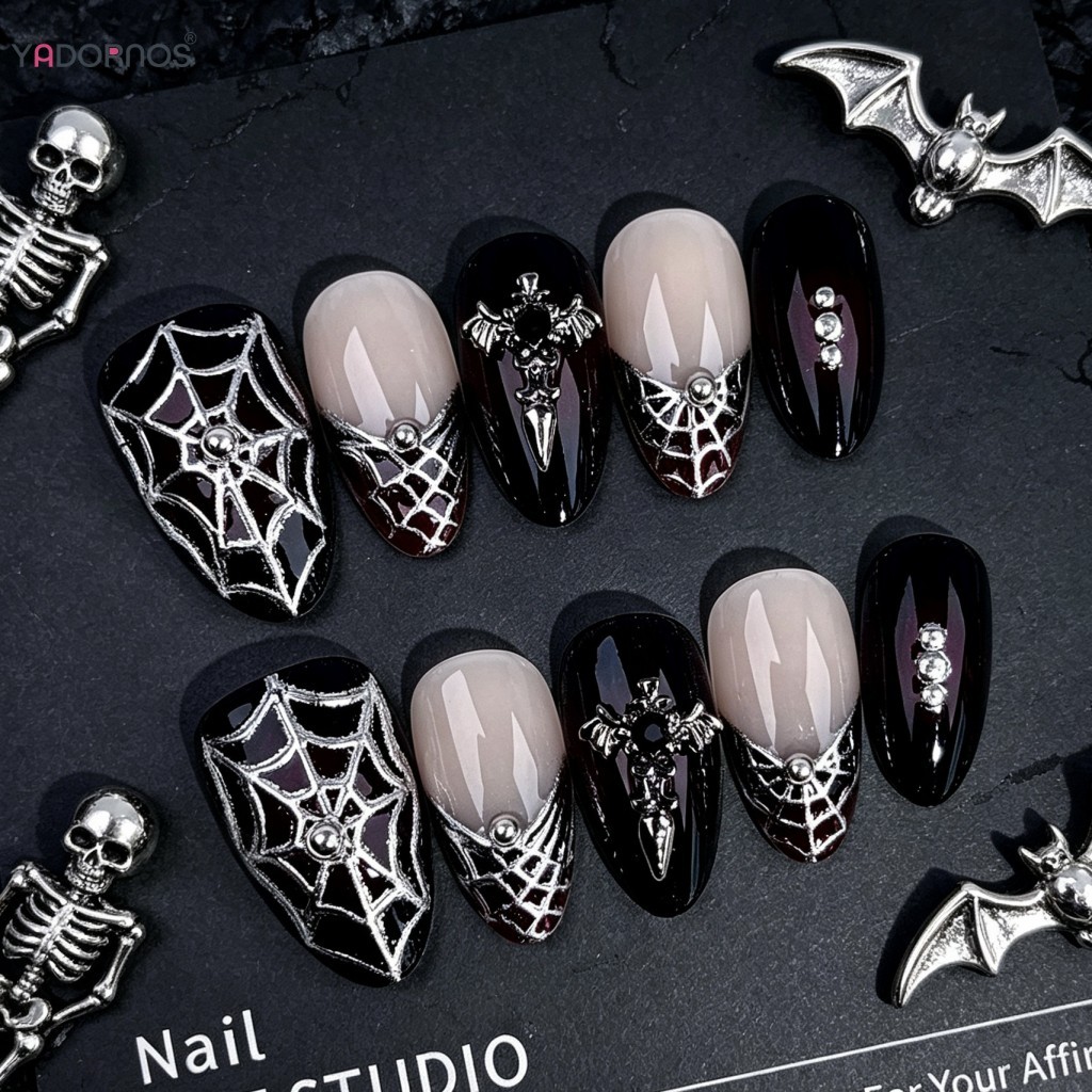 Dark Wine Red Short Almond Halloween Spider Web Nails - เล็บโลหะโกธิคสําหรับผู้หญิง