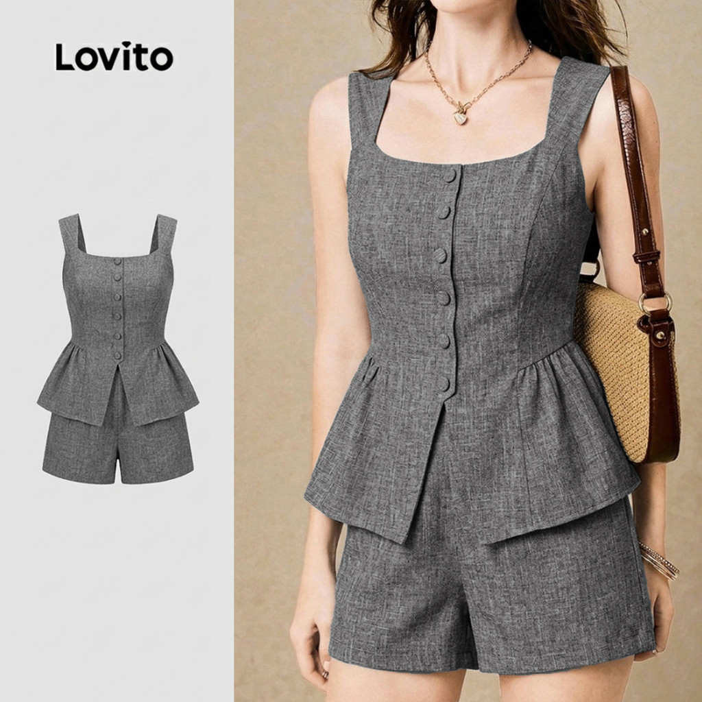 Lovito เสื้อลําลองหรือกางเกง สายเดี่ยวไหล่กว้างติดกระดุม สีเทา สูทฤดูใบไม้ผลิ/ฤดูร้อน สําหรับผู้หญิง L198ED240
