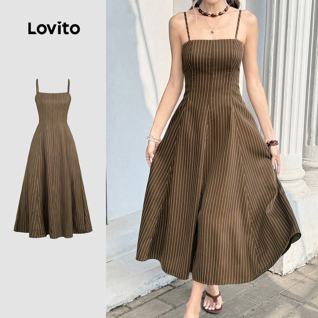 (New Arrival) Lovito ชุดเดรสลําลอง ซิป สี น้ําตาล ฤดูกาลใบไม้ผลิ/ฤดูร้อน สําหรับผู้หญิง DRBR37BR202