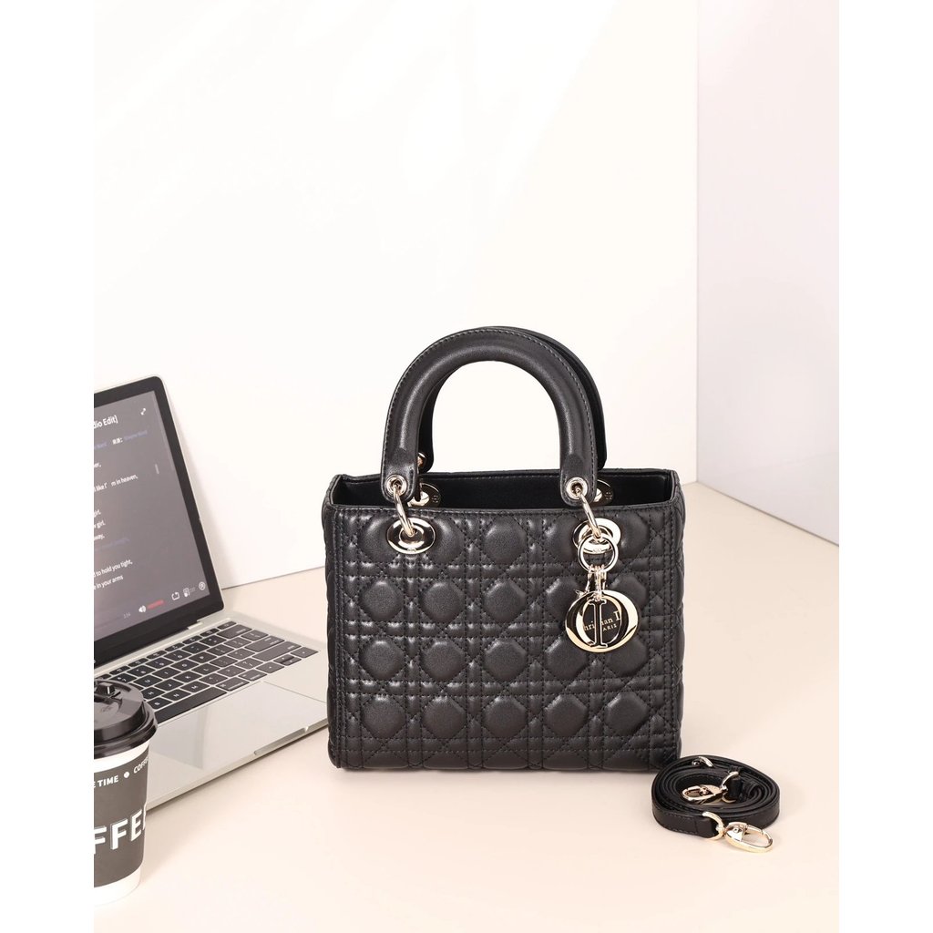 Five Grid DIOR Lady Dior Brand Logo Charm Sheep Leather One Shoulder Portable Medium Womens Black