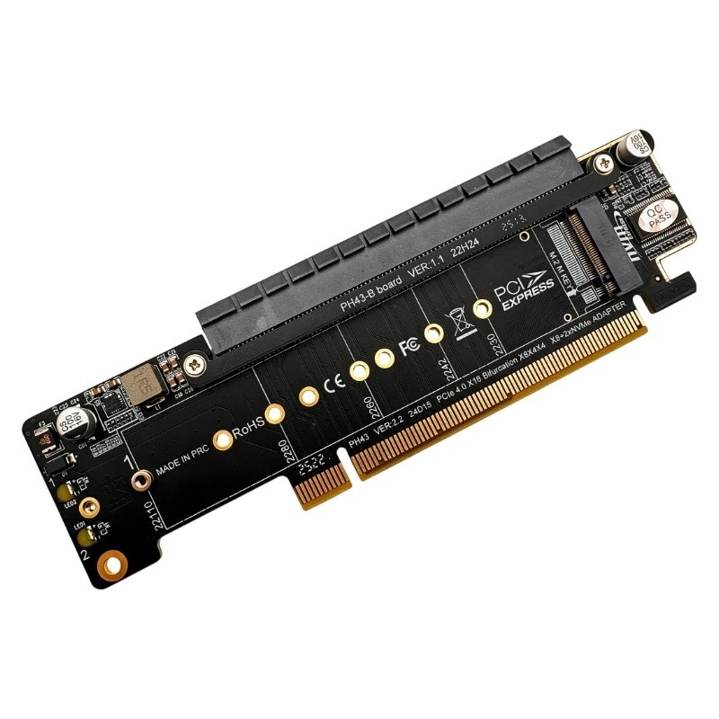 PCIe 4.0 X16 ถึง X8+X4+X4 การ์ดแยก Bifurcation PCI‐Express X16 ถึง X16 ช่อง + Dual M.2 NVMe M‐Key SS