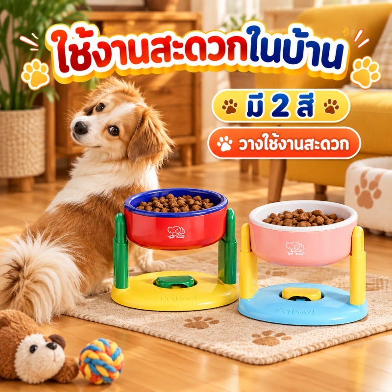ชามอาหารสัตว์เลี้ยงแบบมีถ้วยดูด ปรับความสูงได้ ชามแมว ชามสุนัข ป้องกันคอ ชามเอียงขาสูง ป้องกันการรั่วไหล