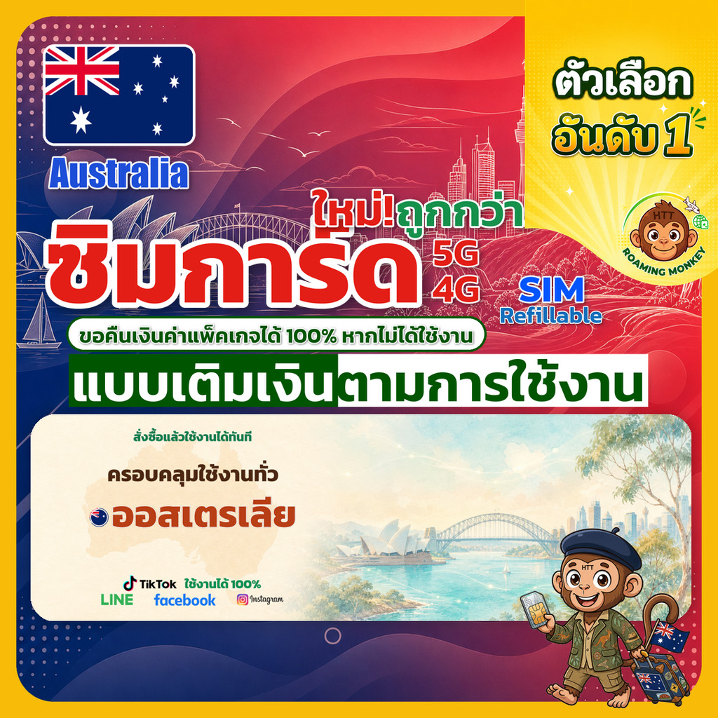 SIM Australia 4G/5G เติมเงินตามการใช้งาน ซิมเดินทาง ท่องเที่ยว ออสเตรเลีย เครือข่าย Optus Vodafone โ