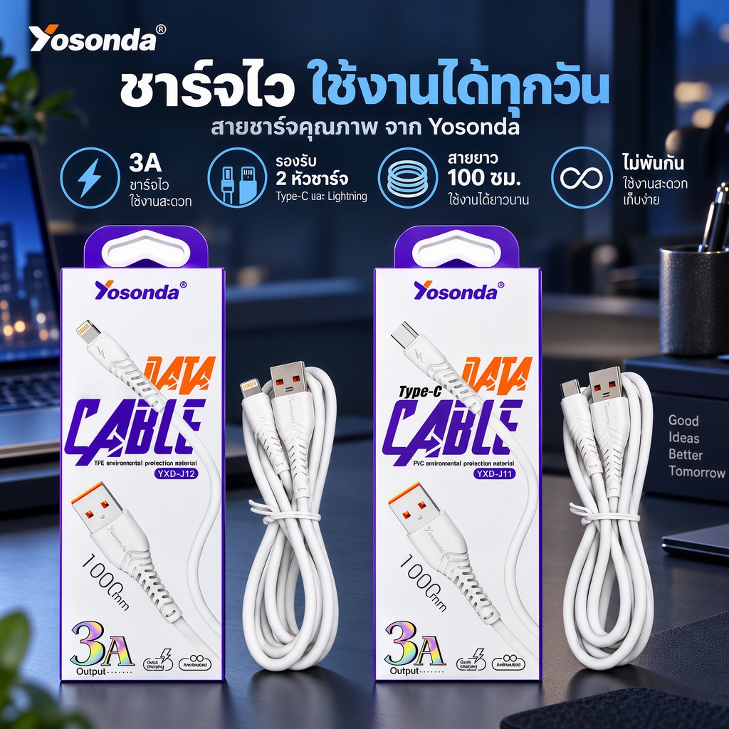 สายชาร์จ Yosonda 3A รุ่น Type-C/ios ยาว 1 เมตร สายหนา ทนทาน ชาร์จไว ใช้งานคุ้มค่าทุกวัน