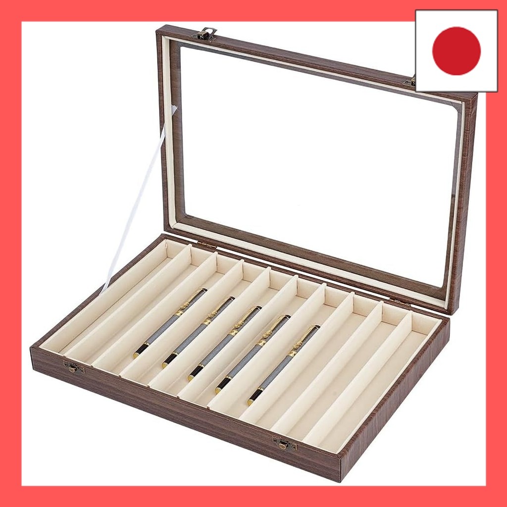 BENECREAT Wooden Pen Showcase, 35x25x9cm, 10 Compartments, with Transparent Glass Window, Fountain P
