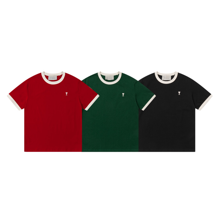 ** A * De C * eur * Contrast Color Neckline Chest Heart เสื้อยืดแขนสั้นผ้าฝ้ายปักรอบคอ