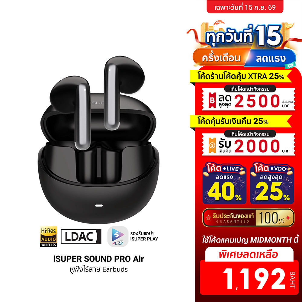 [ลดเหลือ 1192] iSUPER SOUND PRO Air หูฟังบลูทูธ หูฟังไร้สาย หูฟัง ANC ตัดเสียงรบกวน Bluetooth 5.3 ใช