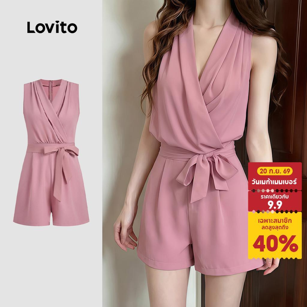 Lovito จั๊มสูทลําลองผู้หญิงสีชมพู โบว์พลีท สไตล์สปริง/ซัมเมอร์ JRK8P1D265